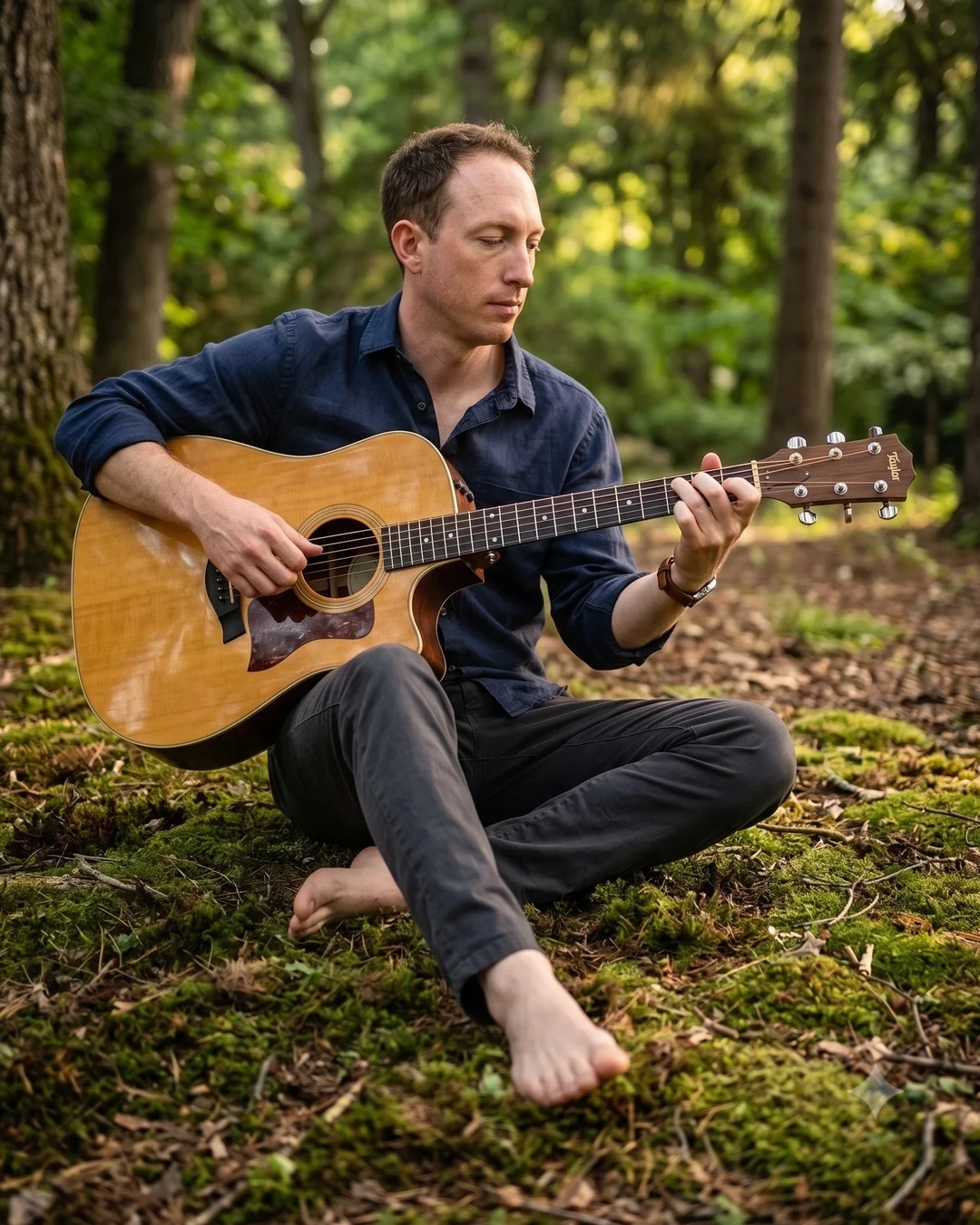 Joel Stevens playing acoustic guitar in the woods